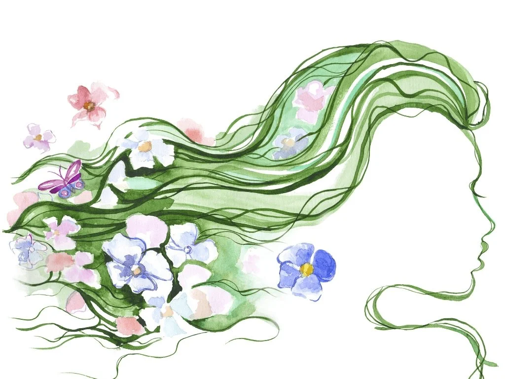 Kadın psikolojisi ve farkındalık temasını simgeleyen, saçları çiçeklerle ve kelebeklerle bezeli yeşil sulu boya kadın profili illüstrasyonu.